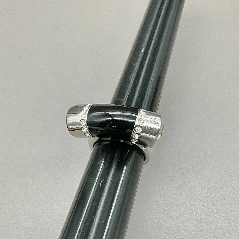 Lia Sophia Ring Black Enamel Crystal Silver Tone Statement Ring Size 8